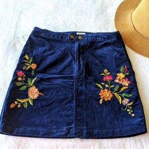 Blue Embroidered Corduroy Mini Skirt